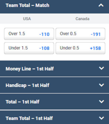 Screenshot of the Team Totals and Over/Under Betting